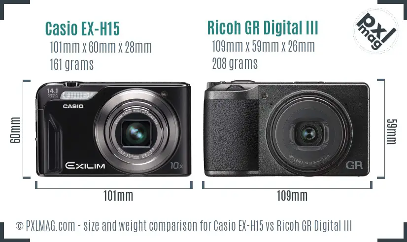 Casio EX-H15 vs Ricoh GR Digital III size comparison