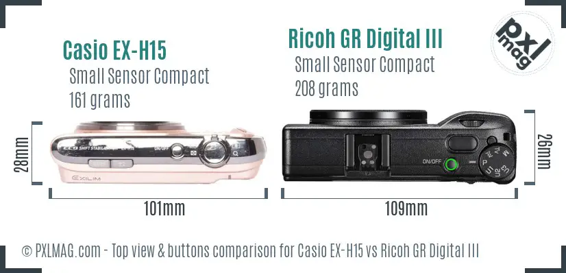 Casio EX-H15 vs Ricoh GR Digital III top view buttons comparison