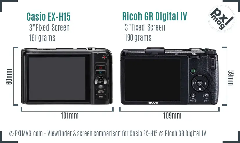 Casio EX-H15 vs Ricoh GR Digital IV Screen and Viewfinder comparison