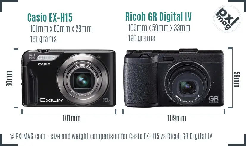 Casio EX-H15 vs Ricoh GR Digital IV size comparison