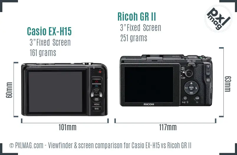 Casio EX-H15 vs Ricoh GR II Screen and Viewfinder comparison