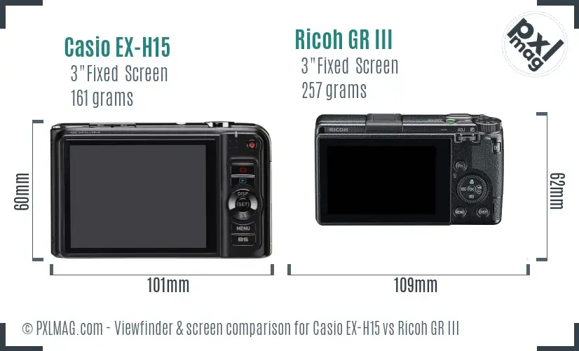 Casio EX-H15 vs Ricoh GR III Screen and Viewfinder comparison