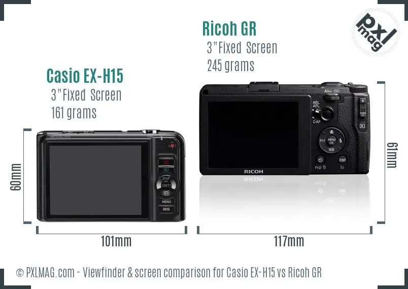 Casio EX-H15 vs Ricoh GR Screen and Viewfinder comparison