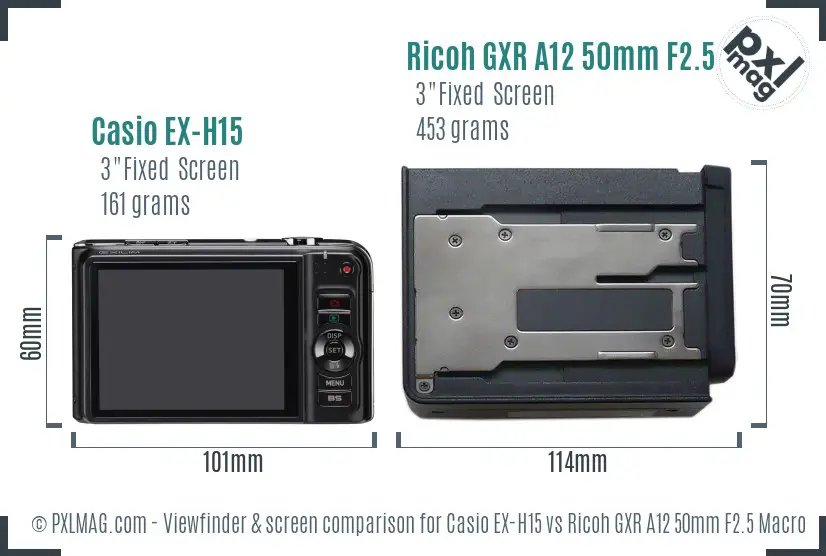 Casio EX-H15 vs Ricoh GXR A12 50mm F2.5 Macro Screen and Viewfinder comparison