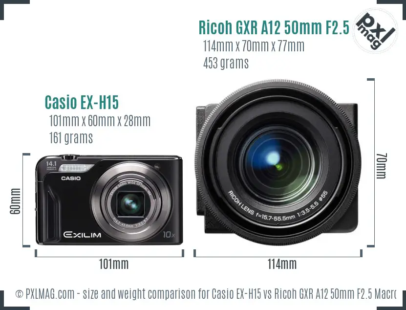 Casio EX-H15 vs Ricoh GXR A12 50mm F2.5 Macro size comparison