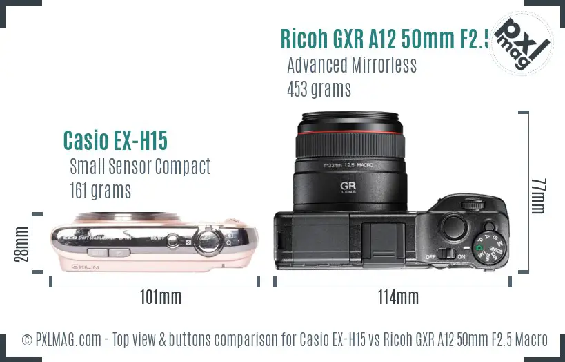 Casio EX-H15 vs Ricoh GXR A12 50mm F2.5 Macro top view buttons comparison