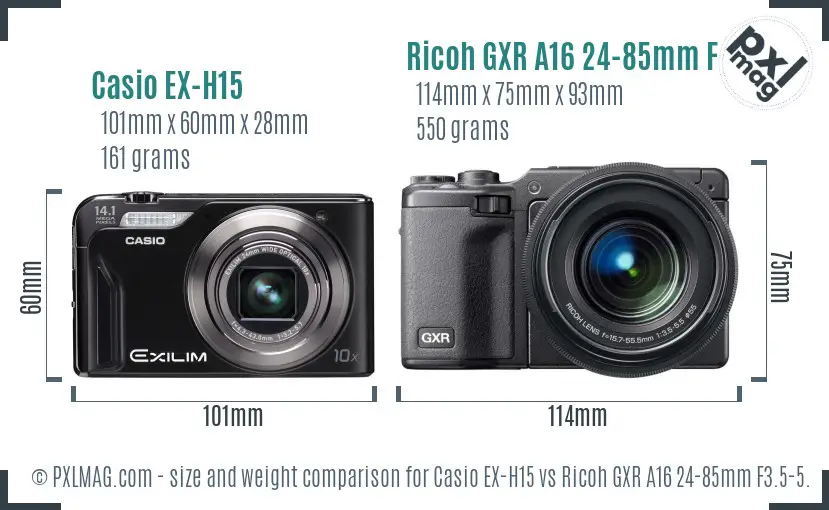 Casio EX-H15 vs Ricoh GXR A16 24-85mm F3.5-5.5 size comparison