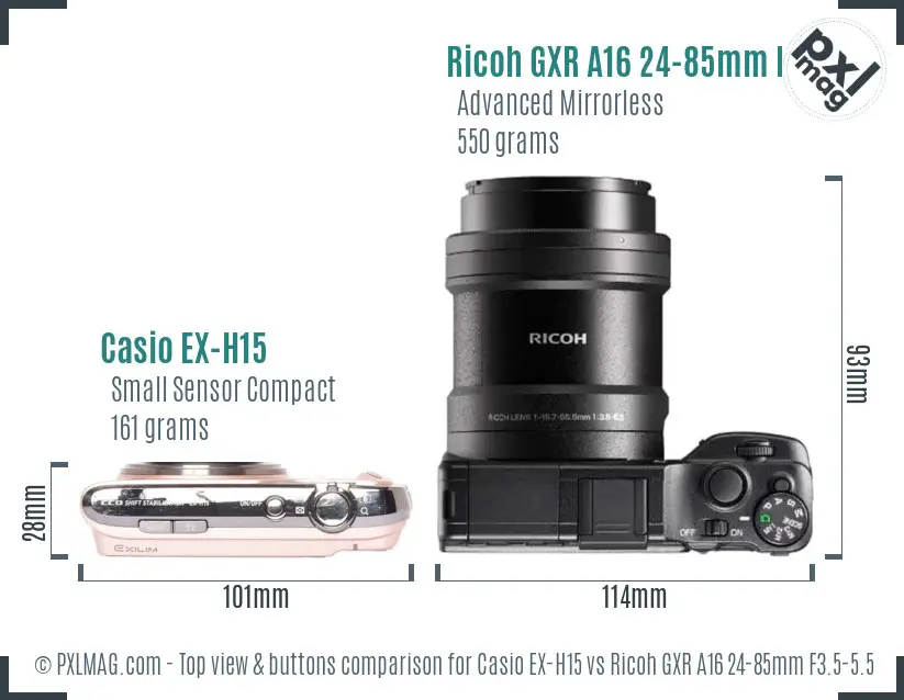 Casio EX-H15 vs Ricoh GXR A16 24-85mm F3.5-5.5 top view buttons comparison