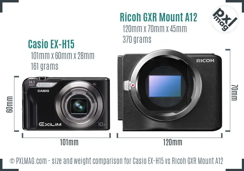 Casio EX-H15 vs Ricoh GXR Mount A12 size comparison
