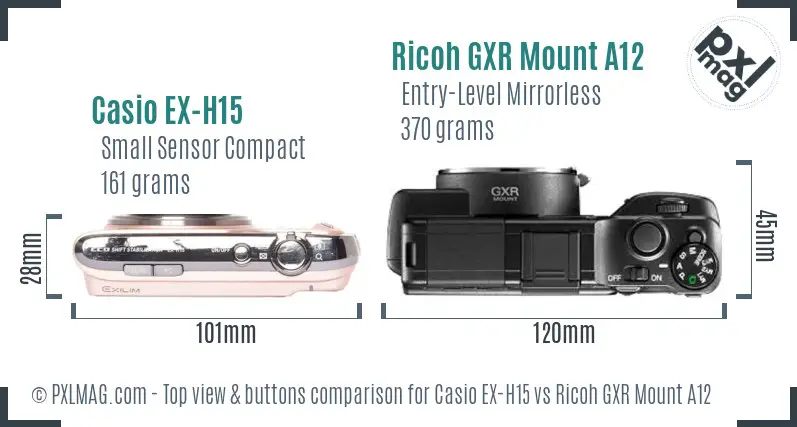 Casio EX-H15 vs Ricoh GXR Mount A12 top view buttons comparison