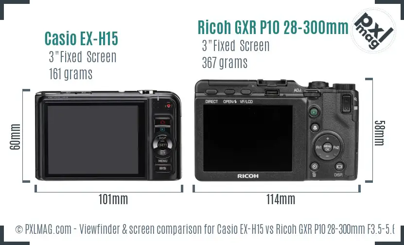 Casio EX-H15 vs Ricoh GXR P10 28-300mm F3.5-5.6 VC Screen and Viewfinder comparison