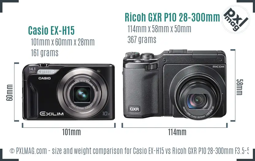 Casio EX-H15 vs Ricoh GXR P10 28-300mm F3.5-5.6 VC size comparison