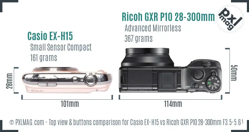 Casio EX-H15 vs Ricoh GXR P10 28-300mm F3.5-5.6 VC top view buttons comparison