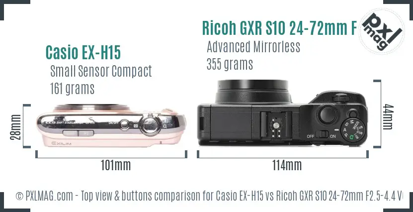 Casio EX-H15 vs Ricoh GXR S10 24-72mm F2.5-4.4 VC top view buttons comparison