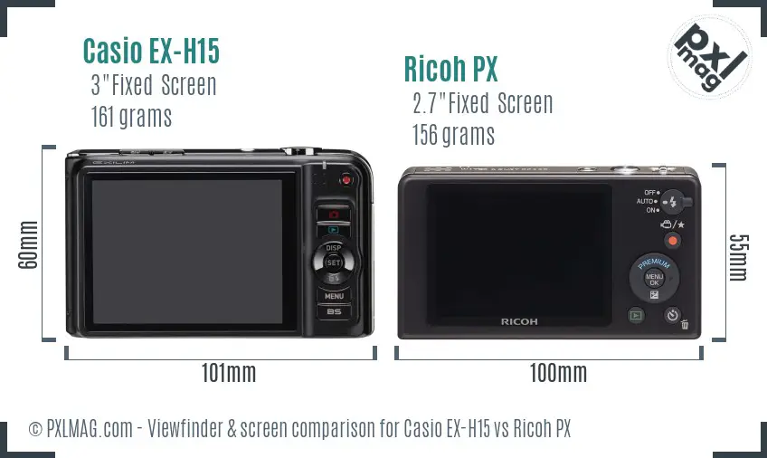 Casio EX-H15 vs Ricoh PX Screen and Viewfinder comparison