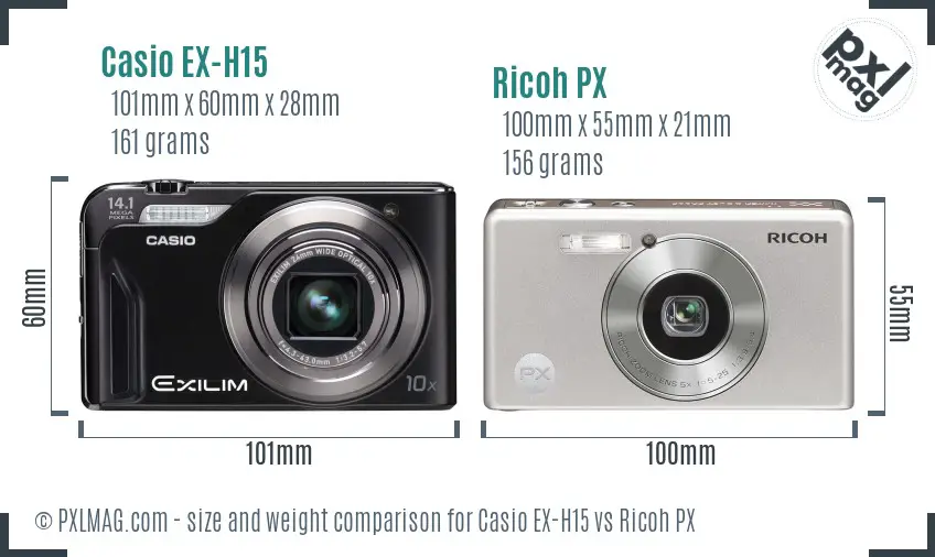 Casio EX-H15 vs Ricoh PX size comparison