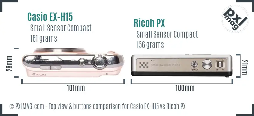 Casio EX-H15 vs Ricoh PX top view buttons comparison