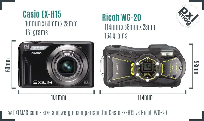 Casio EX-H15 vs Ricoh WG-20 size comparison Casio EX-H15 vs Ricoh WG-20 size comparison