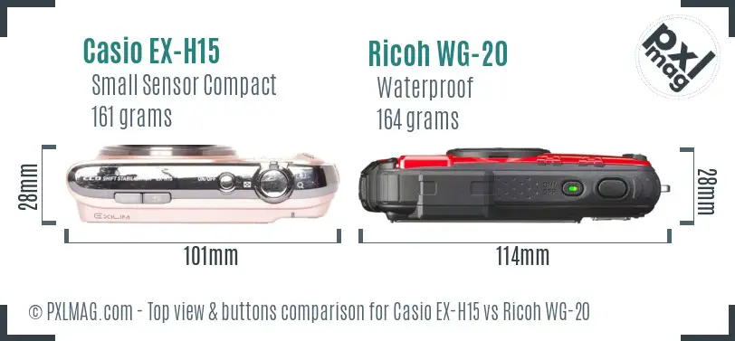 Casio EX-H15 vs Ricoh WG-20 top view buttons comparison Casio EX-H15 vs Ricoh WG-20 top view buttons comparison