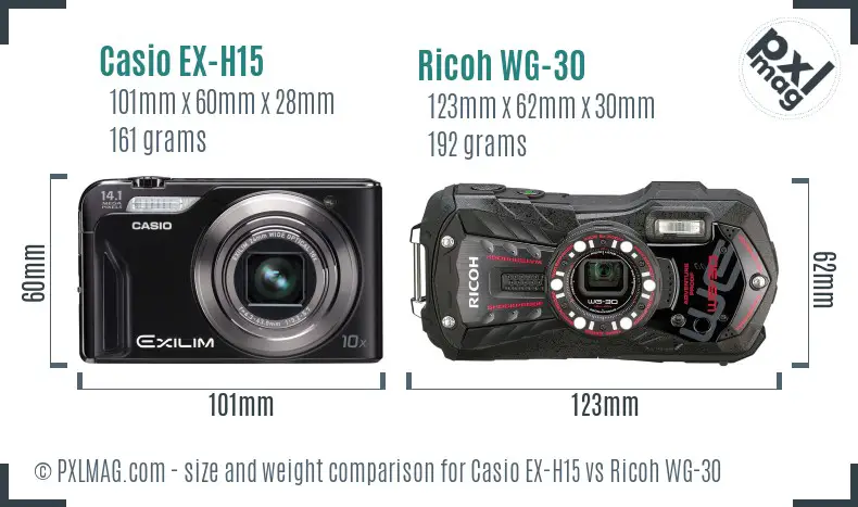 Casio EX-H15 vs Ricoh WG-30 size comparison