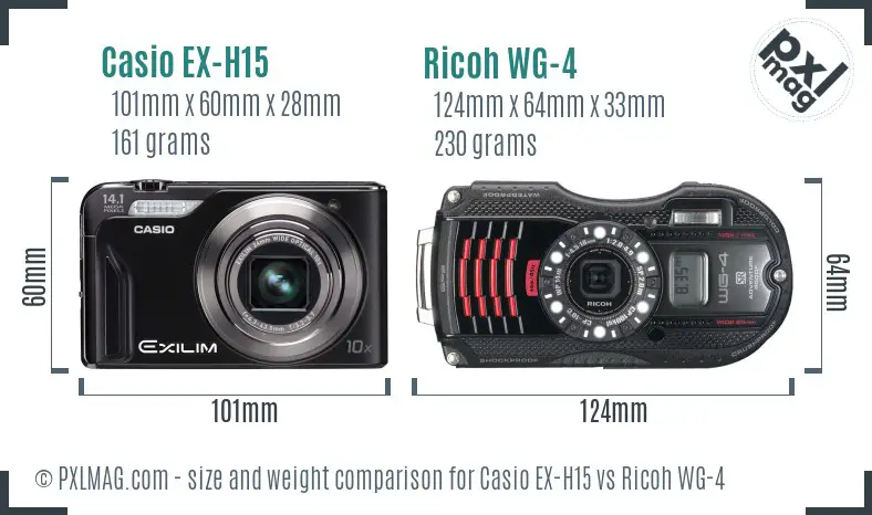 Casio EX-H15 vs Ricoh WG-4 size comparison