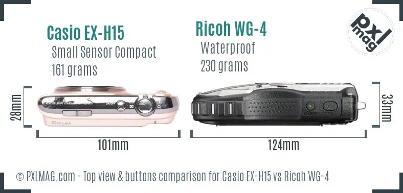 Casio EX-H15 vs Ricoh WG-4 top view buttons comparison