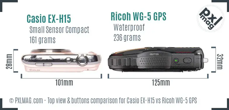 Casio EX-H15 vs Ricoh WG-5 GPS top view buttons comparison