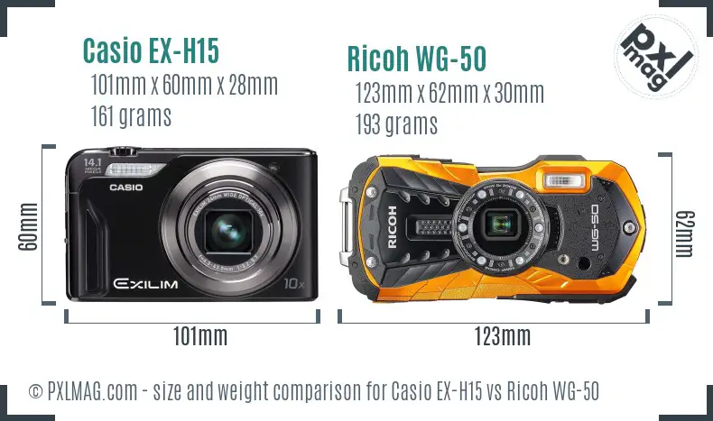 Casio EX-H15 vs Ricoh WG-50 size comparison