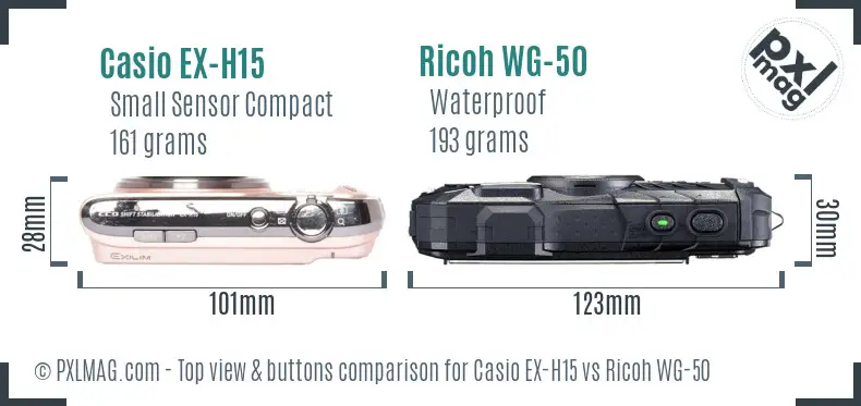 Casio EX-H15 vs Ricoh WG-50 top view buttons comparison
