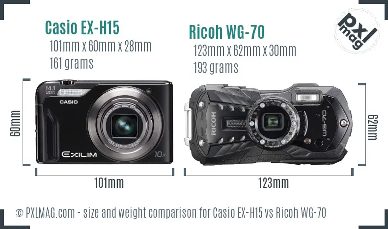 Casio EX-H15 vs Ricoh WG-70 size comparison