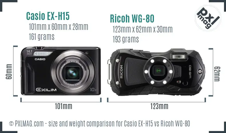 Casio EX-H15 vs Ricoh WG-80 size comparison