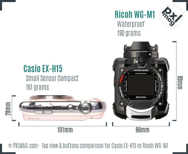 Casio EX-H15 vs Ricoh WG-M1 top view buttons comparison