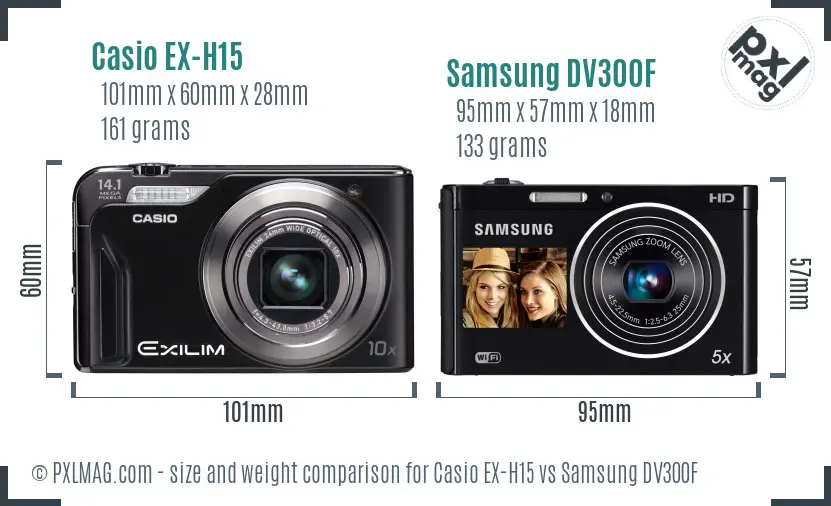 Casio EX-H15 vs Samsung DV300F size comparison