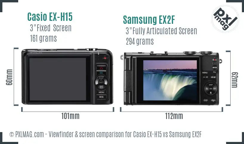 Casio EX-H15 vs Samsung EX2F Screen and Viewfinder comparison