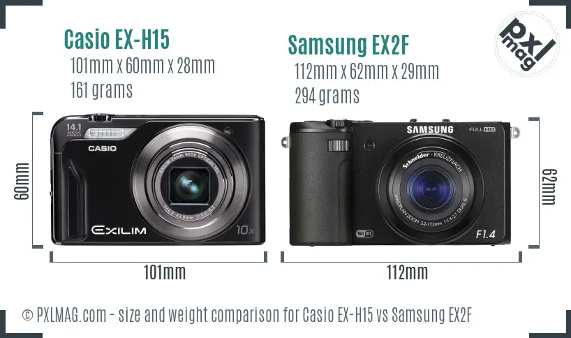 Casio EX-H15 vs Samsung EX2F size comparison