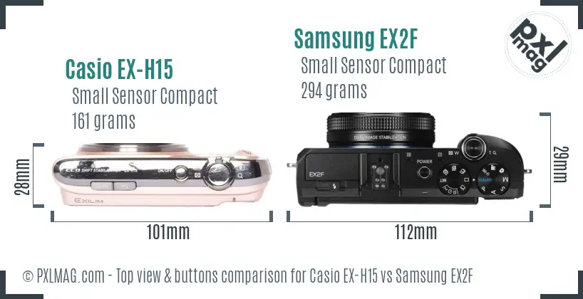Casio EX-H15 vs Samsung EX2F top view buttons comparison