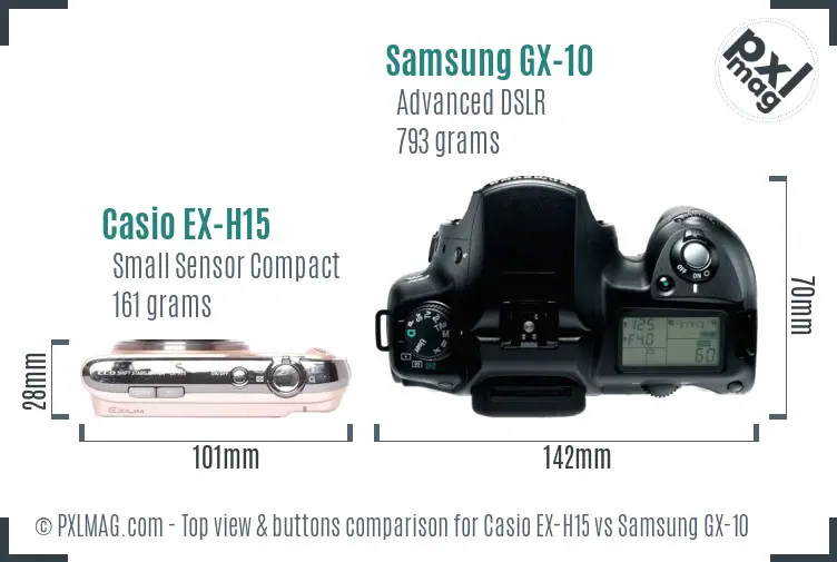 Casio EX-H15 vs Samsung GX-10 top view buttons comparison