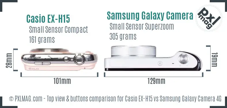 Casio EX-H15 vs Samsung Galaxy Camera 4G top view buttons comparison