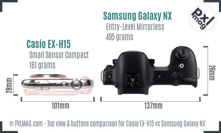 Casio EX-H15 vs Samsung Galaxy NX top view buttons comparison
