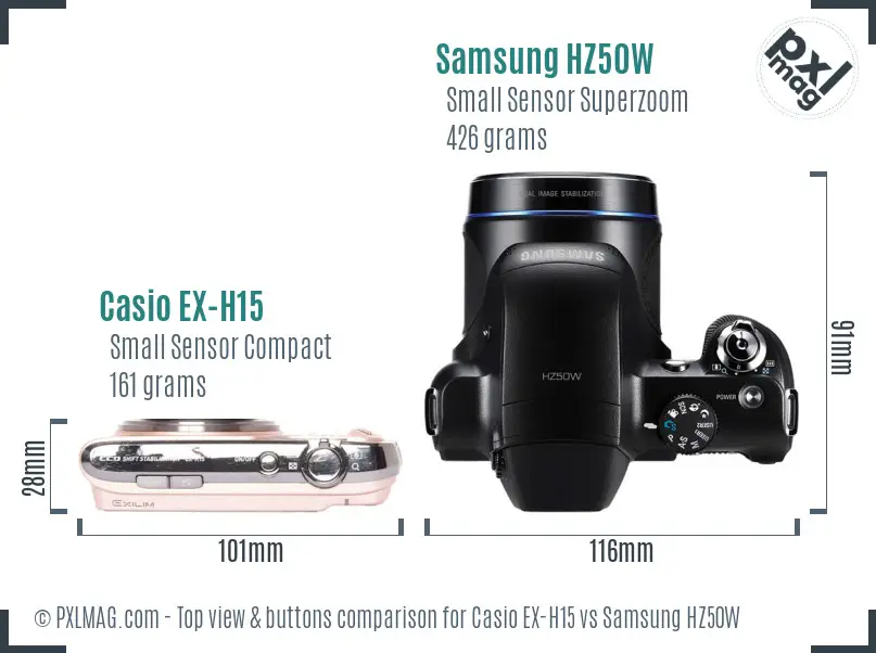 Casio EX-H15 vs Samsung HZ50W top view buttons comparison Casio EX-H15 vs Samsung HZ50W top view buttons comparison