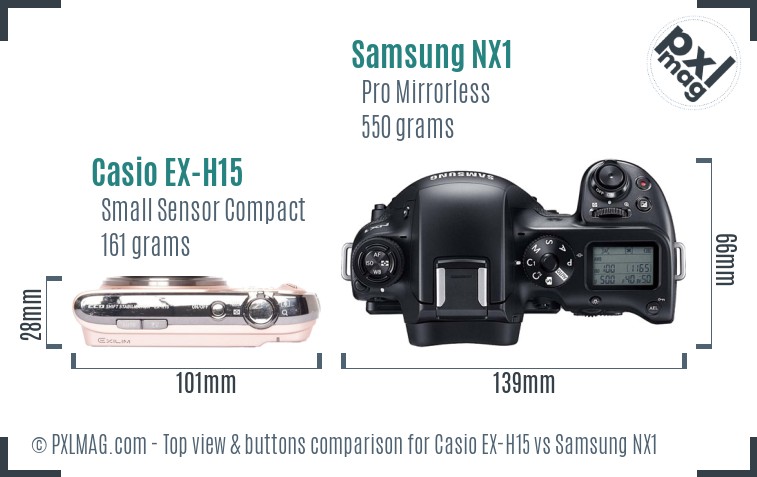Casio EX-H15 vs Samsung NX1 top view buttons comparison