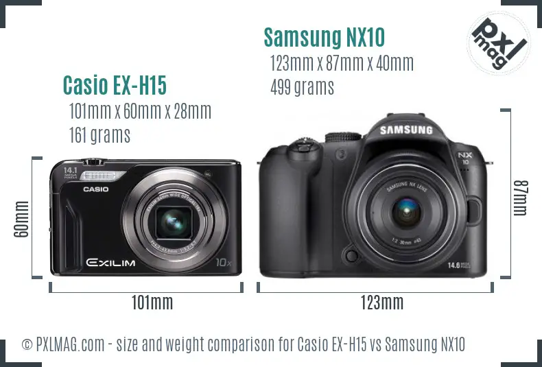 Casio EX-H15 vs Samsung NX10 size comparison Casio EX-H15 vs Samsung NX10 size comparison