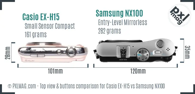 Casio EX-H15 vs Samsung NX100 top view buttons comparison