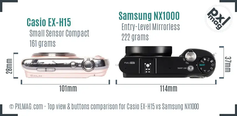 Casio EX-H15 vs Samsung NX1000 top view buttons comparison Casio EX-H15 vs Samsung NX1000 top view buttons comparison