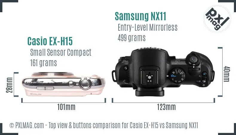 Casio EX-H15 vs Samsung NX11 top view buttons comparison Casio EX-H15 vs Samsung NX11 top view buttons comparison
