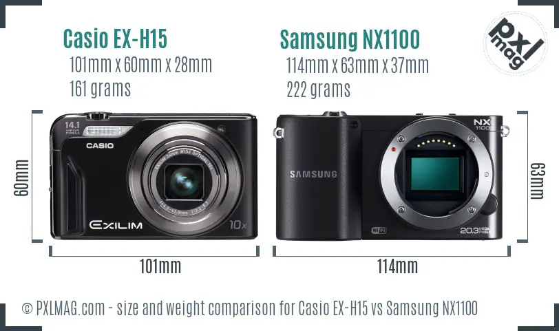Casio EX-H15 vs Samsung NX1100 size comparison Casio EX-H15 vs Samsung NX1100 size comparison