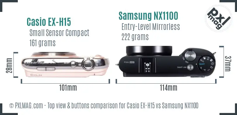 Casio EX-H15 vs Samsung NX1100 top view buttons comparison Casio EX-H15 vs Samsung NX1100 top view buttons comparison