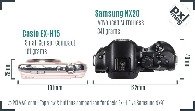 Casio EX-H15 vs Samsung NX20 top view buttons comparison Casio EX-H15 vs Samsung NX20 top view buttons comparison