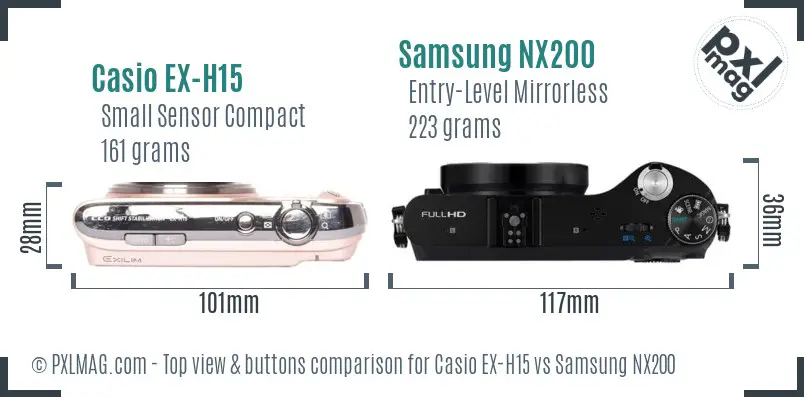 Casio EX-H15 vs Samsung NX200 top view buttons comparison