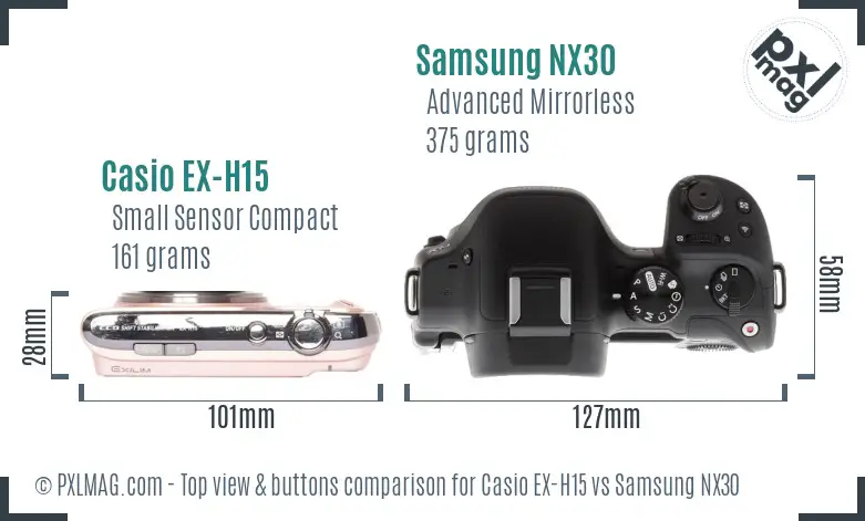 Casio EX-H15 vs Samsung NX30 top view buttons comparison
